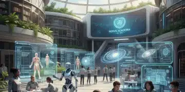 Futuristic university campus with students and AI learning tools