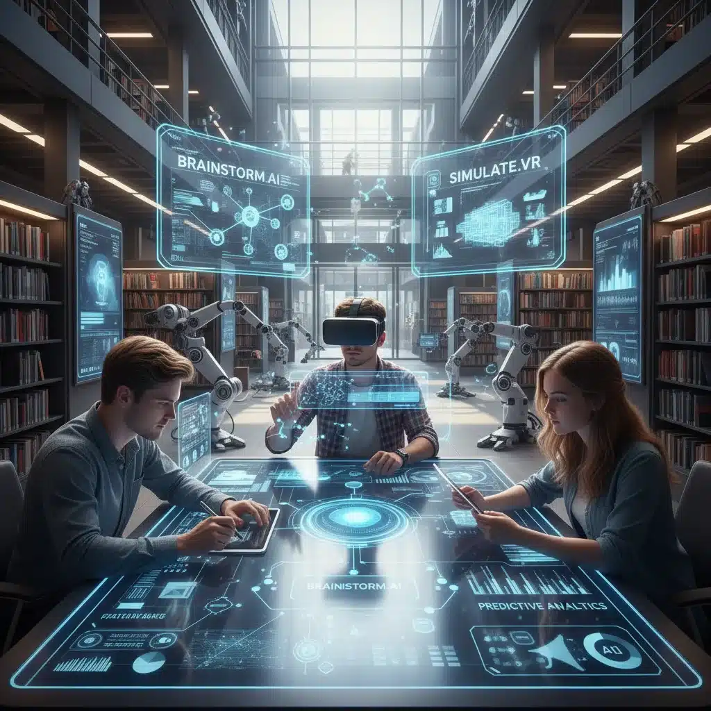 Students collaborating with AI tools on university project