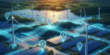 Illustration of interconnected solar panels, wind turbines, and power lines representing new US renewable energy projects.
