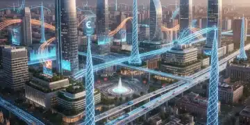Paisaje urbano futurista español con torres 5G y vehículos autónomos, simbolizando la conectividad avanzada y el crecimiento económico impulsado por el 5G.