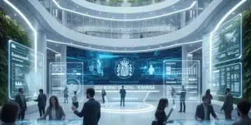 Edificio gubernamental moderno con pantallas digitales y ciudadanos interactuando, simbolizando la administración pública digital en España.