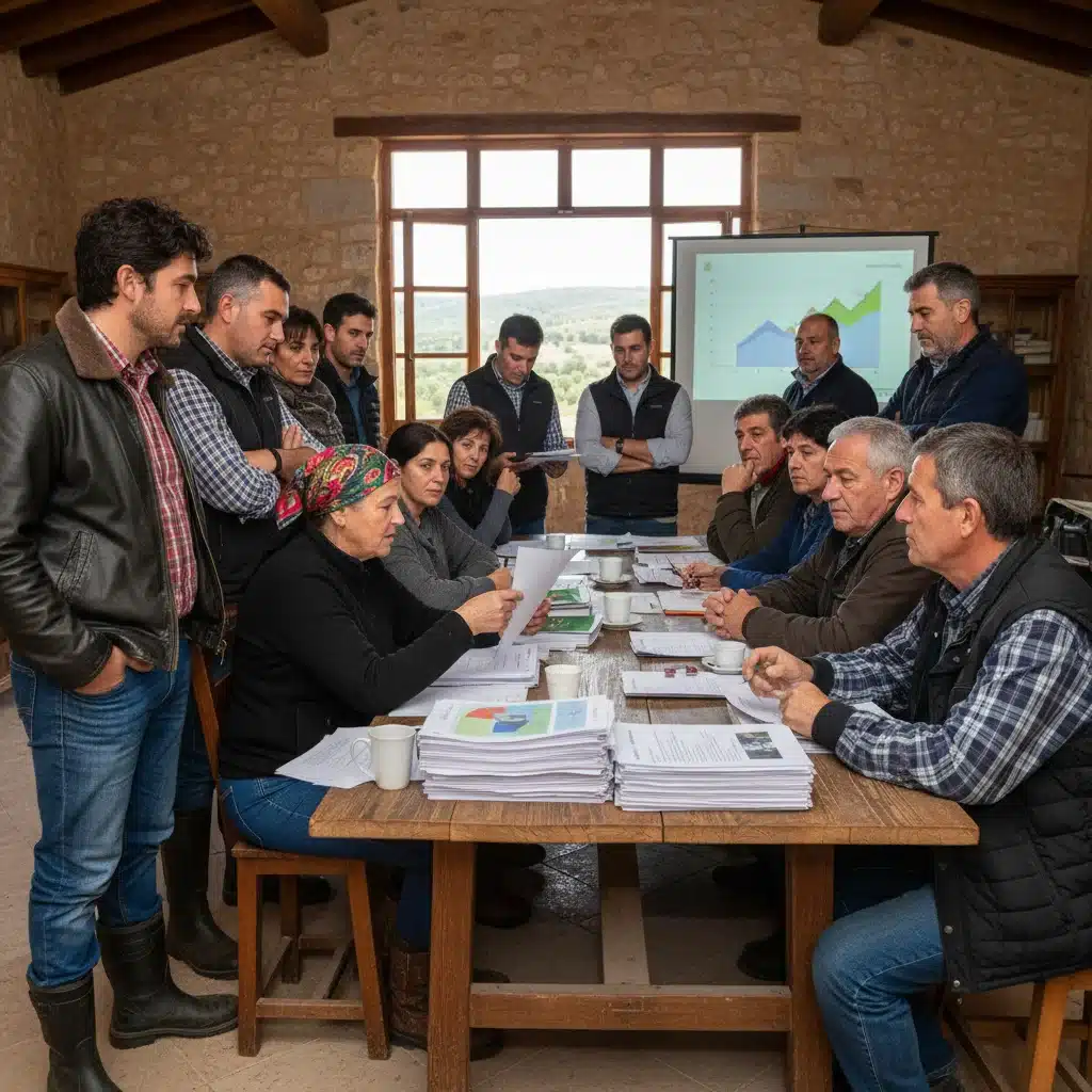 Agricultores españoles debatiendo sobre las nuevas normativas de la PAC.
