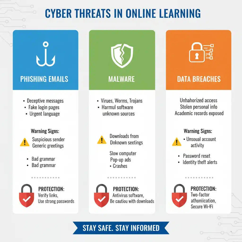 Infografía de amenazas cibernéticas en el aprendizaje online y cómo protegerse.