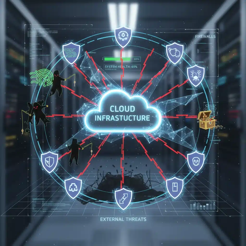 Diagrama de red ilustrando amenazas cibernéticas atacando una infraestructura de nube.
