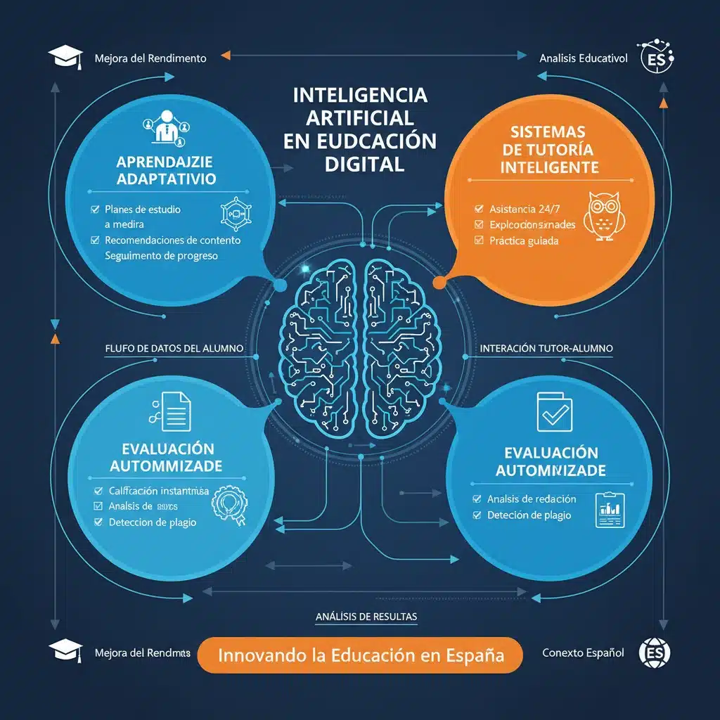 Infografía detallada sobre las múltiples aplicaciones de la IA en la educación digital española, incluyendo algoritmos adaptativos y tutores inteligentes.