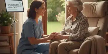 Persona mayor recibiendo apoyo de cuidador en casa, simbolizando nuevas medidas de dependencia España 2026