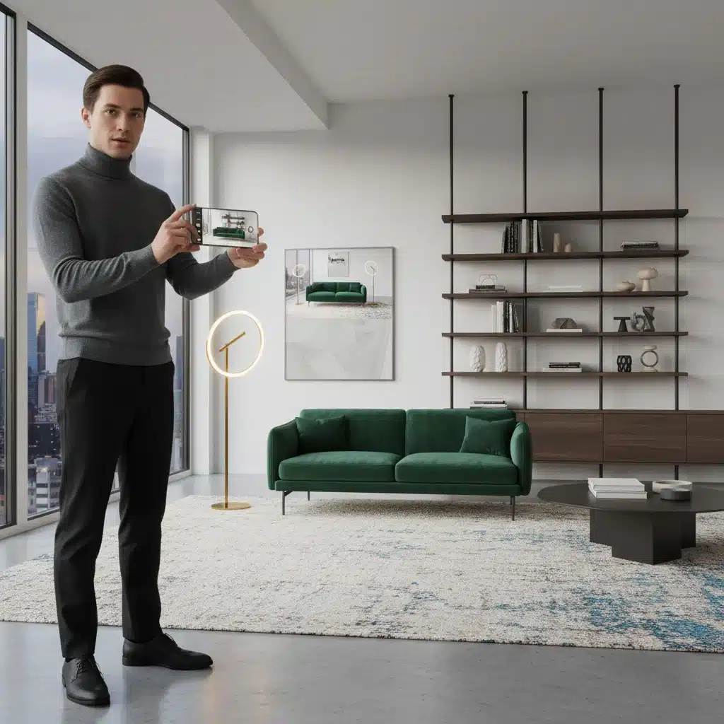Consumidor utilizando una aplicación de realidad aumentada para visualizar muebles en su hogar.