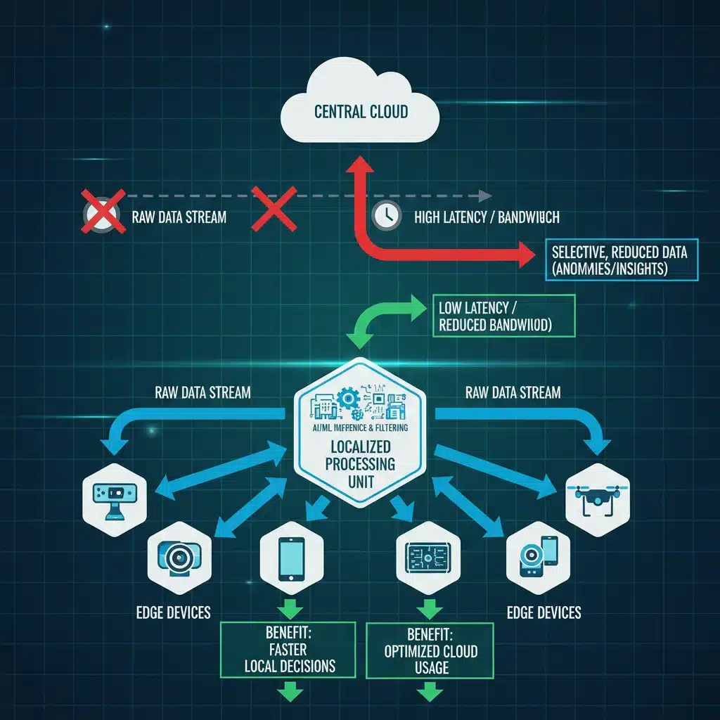 Diagrama de arquitectura de red Edge Computing mostrando nodos locales y la nube.