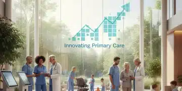 Profesionales sanitarios y pacientes en un centro de atención primaria moderno y eficiente.