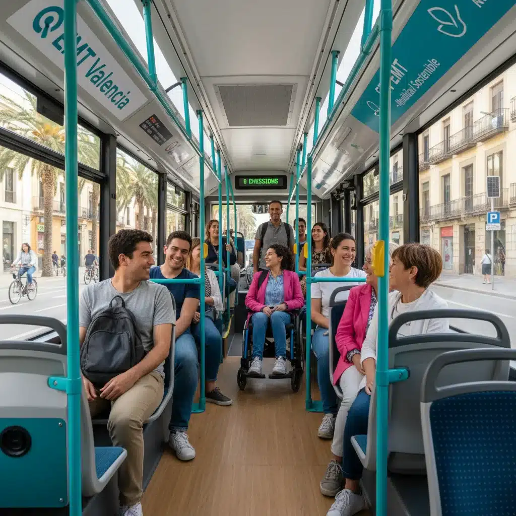 Autobús eléctrico moderno transportando pasajeros en una ciudad española, representando la movilidad urbana sostenible.