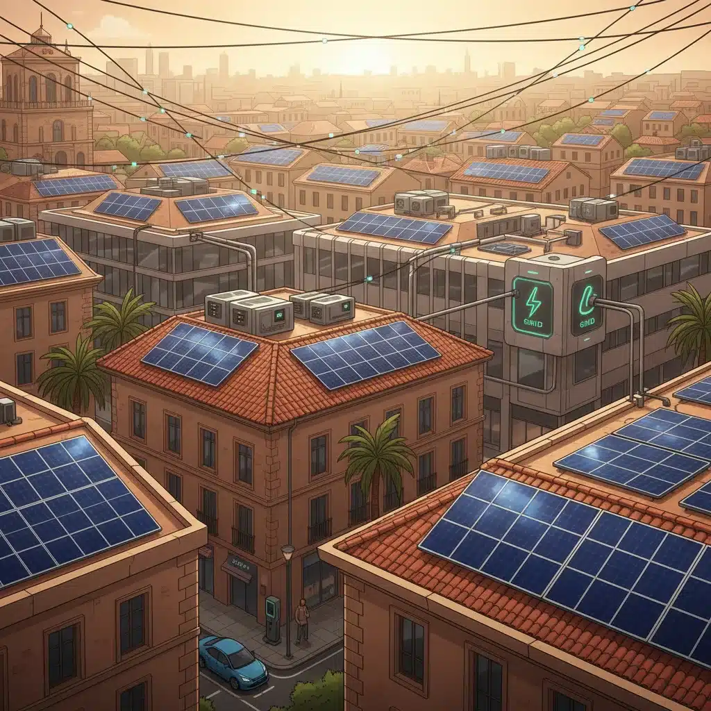 Paneles solares fotovoltaicos avanzados en tejados de edificios españoles, con sistemas de autoconsumo e integración de red inteligente.