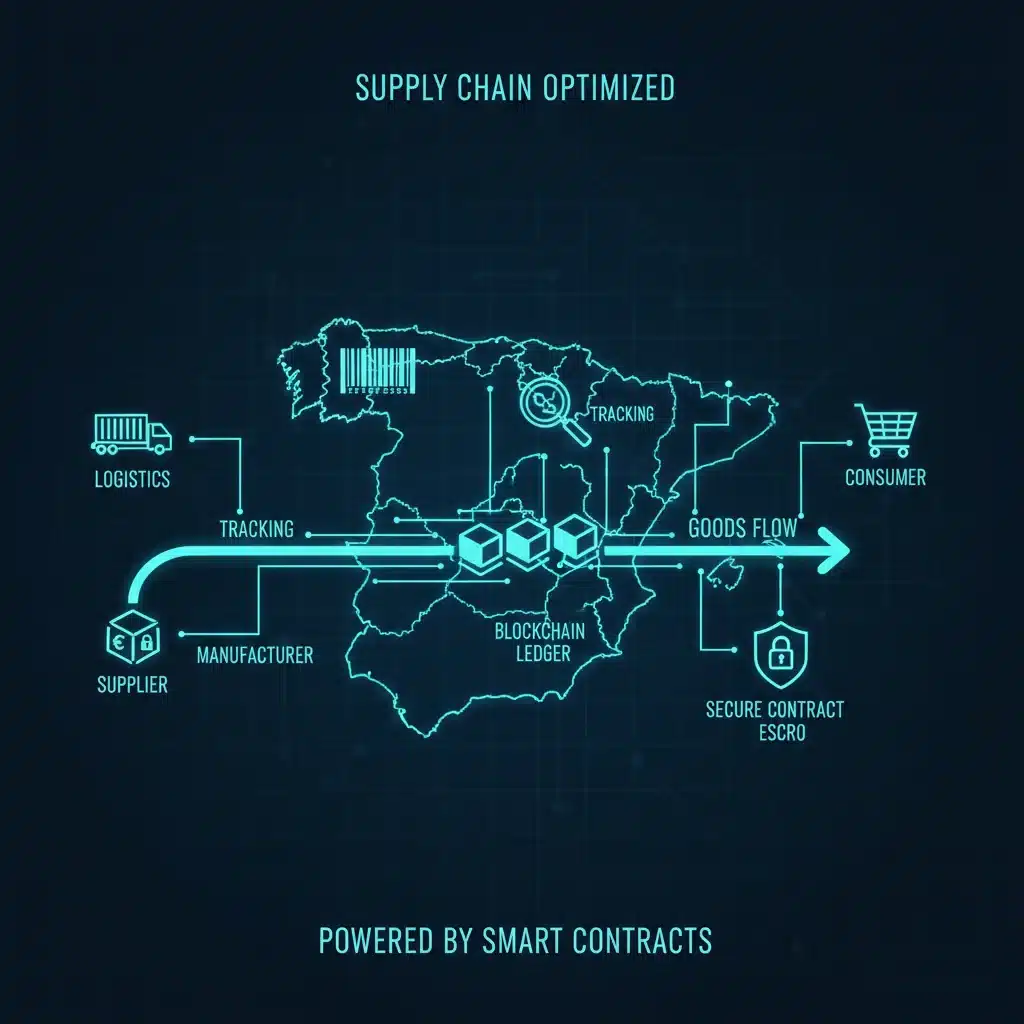 Diagrama de cadena de suministro con tecnología blockchain y contratos inteligentes, reflejando transparencia y eficiencia.