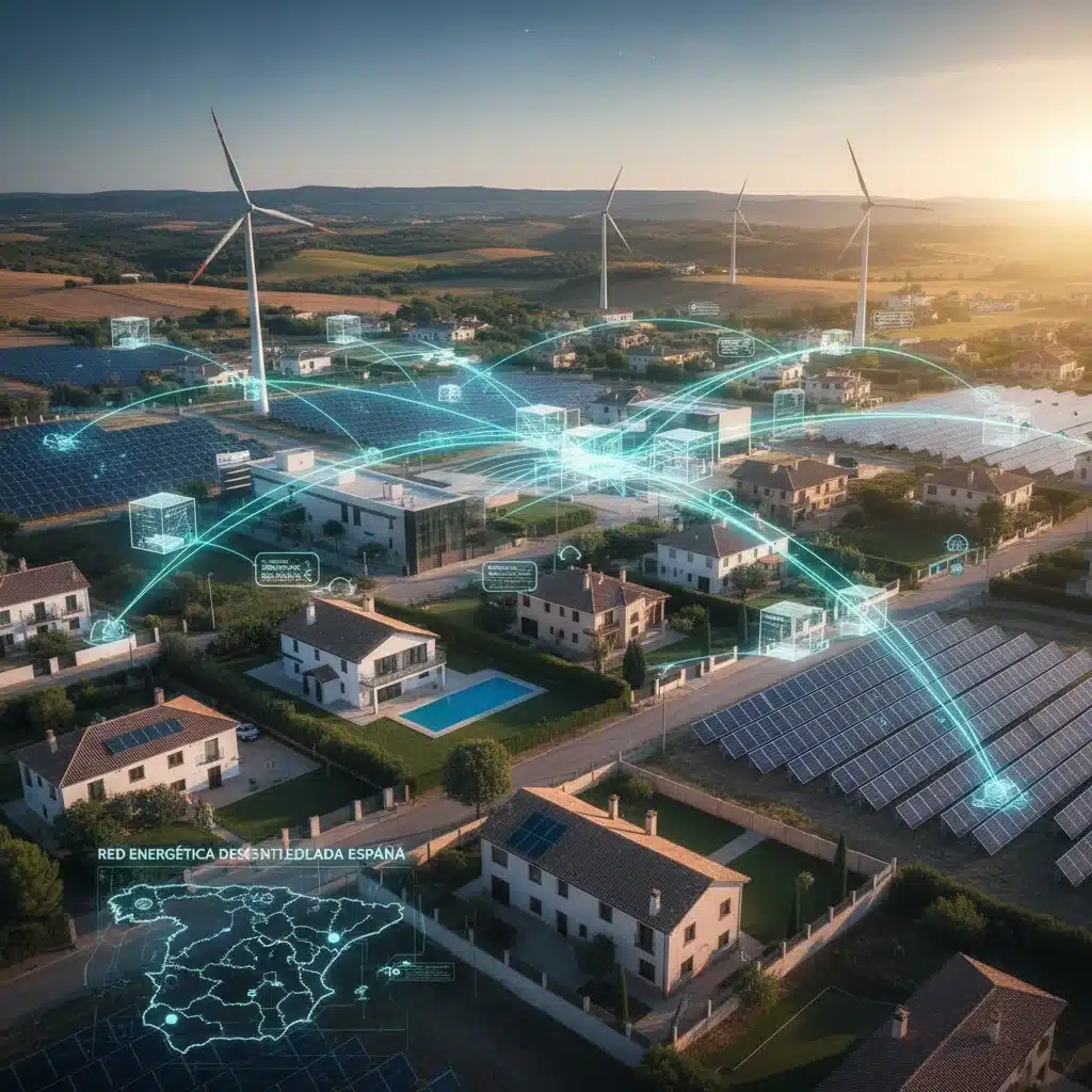 Red energética descentralizada en España impulsada por blockchain, con fuentes renovables y comercio de energía P2P.