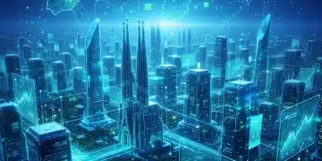 Paisaje urbano digital futurista de España con nodos blockchain y flujos de datos interconectados.
