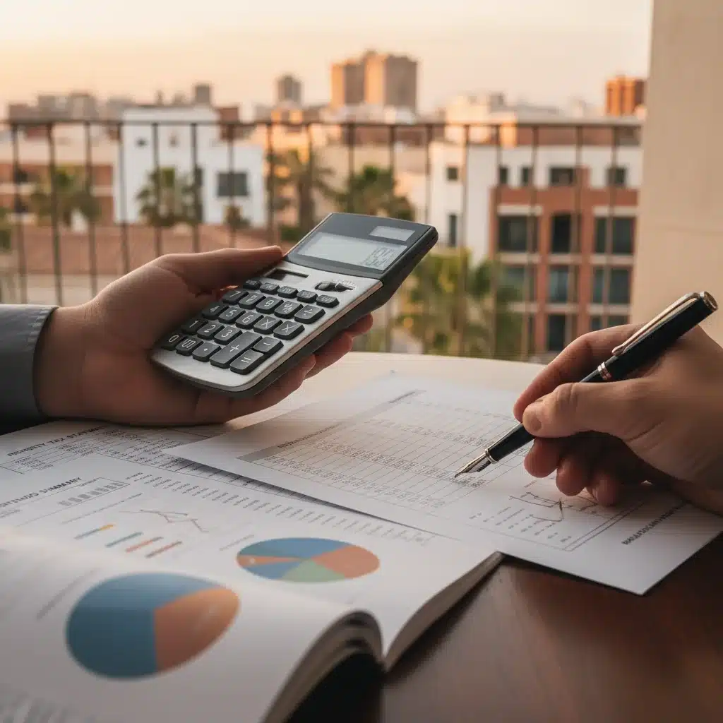 Manos calculando impuestos y deducciones sobre la inversión en vivienda en España.