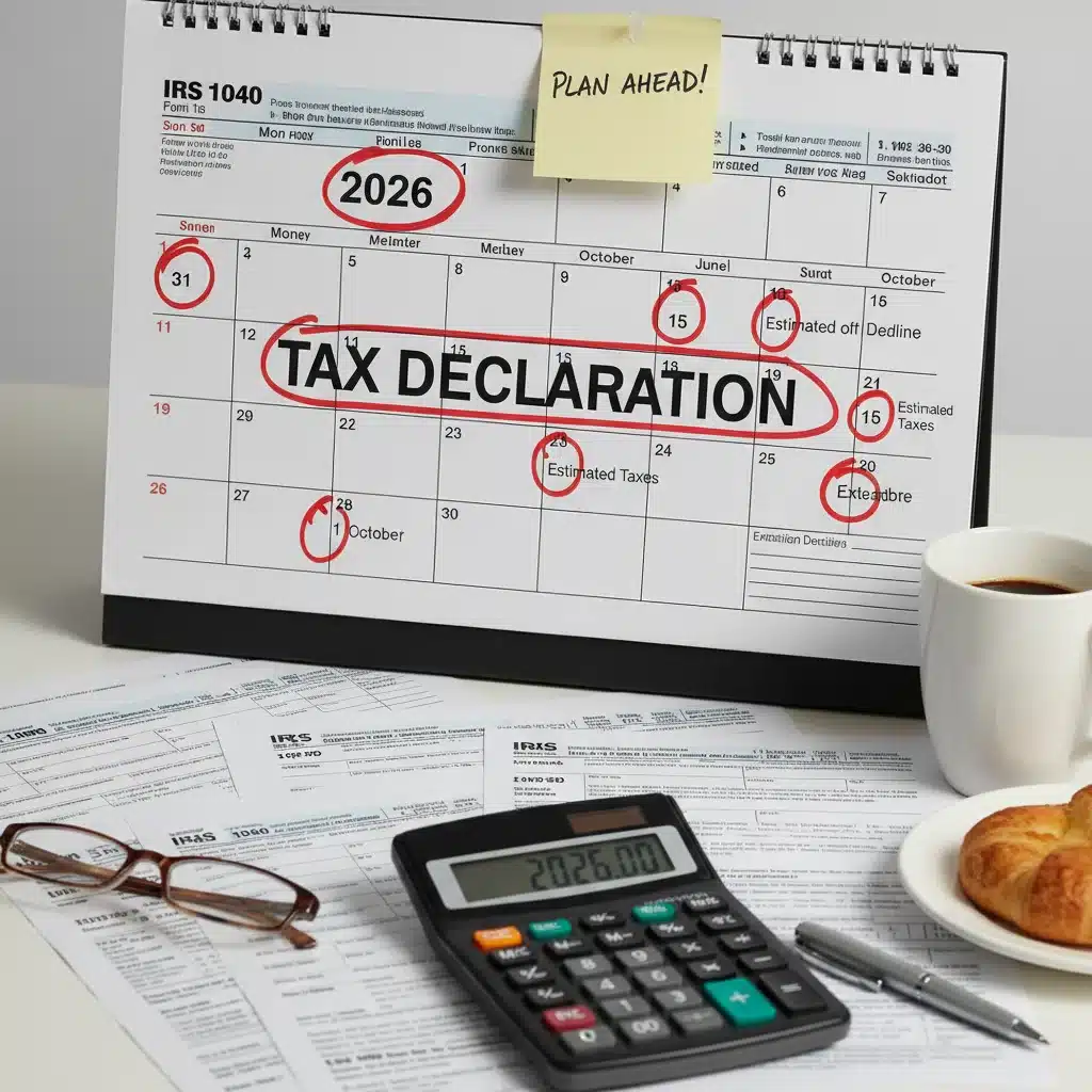 Calendario 2026 con documentos fiscales, simbolizando la planificación de la declaración de la renta.