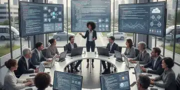 Grupo de profesionales capacitándose en habilidades digitales con herramientas tecnológicas avanzadas.