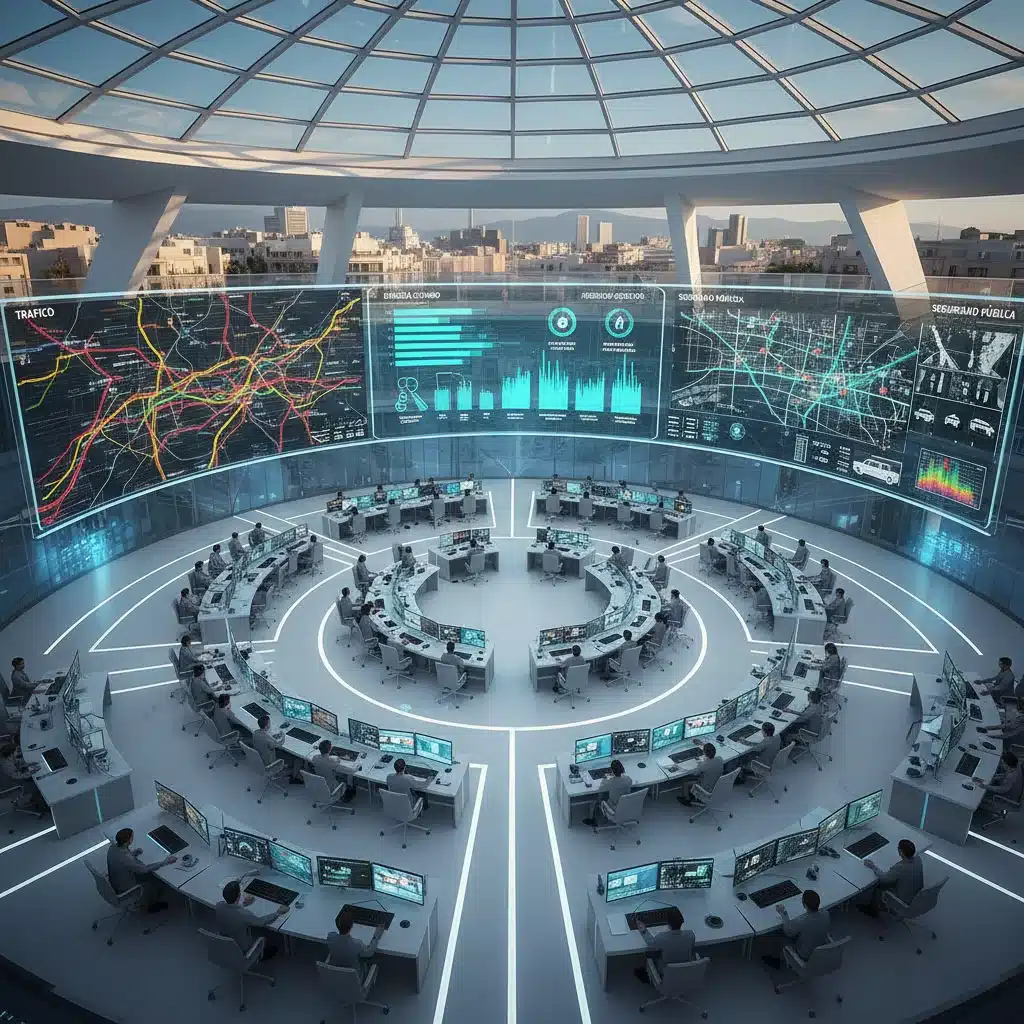 Centro de control de una ciudad inteligente española gestionando datos IoT en tiempo real.
