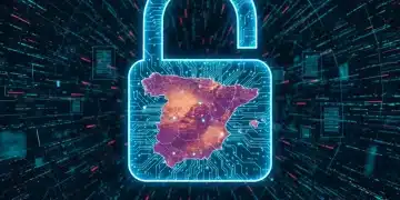 Mapa digital de España con símbolos de ciberseguridad y datos, representando la creciente demanda de expertos.