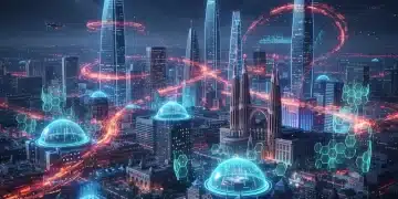 Paisaje digital futurista de España con escudos de ciberseguridad, representando amenazas y defensas en 2026.