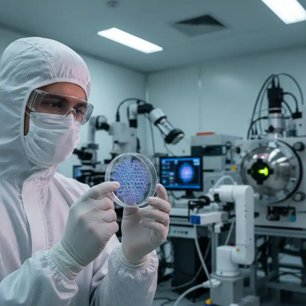 Científico examinando materiales nanotecnológicos en laboratorio avanzado.