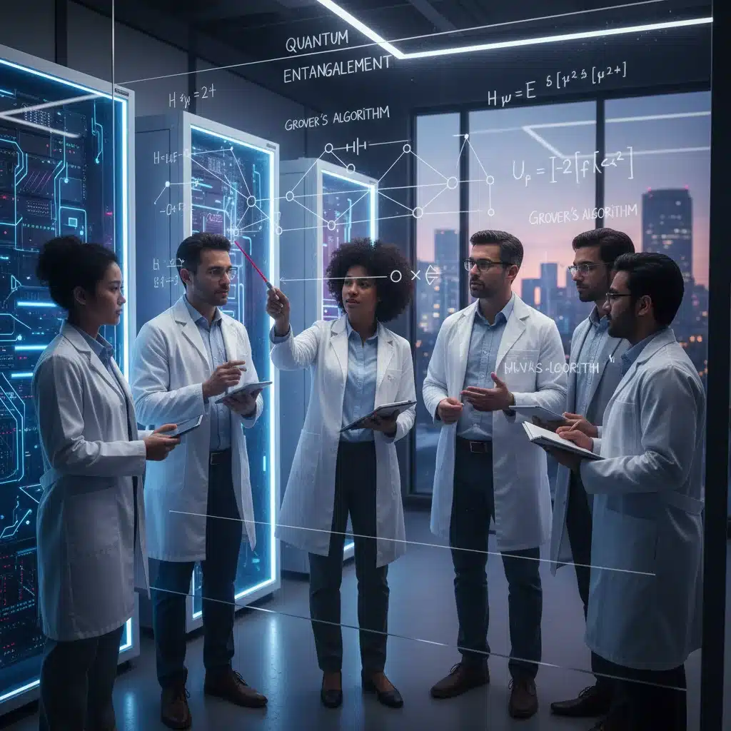 Científicos colaborando en un laboratorio, discutiendo algoritmos cuánticos y fomentando la investigación.