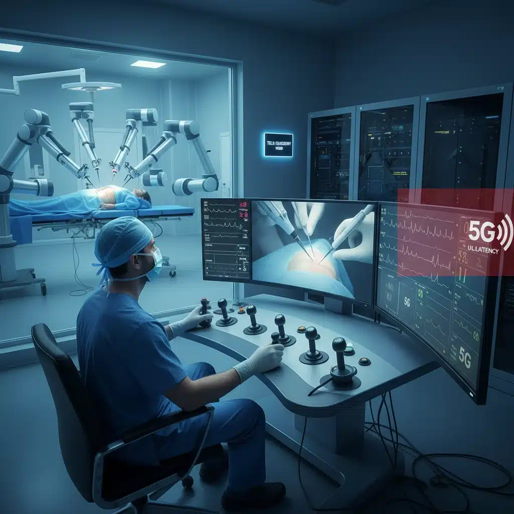 Cirugía remota asistida por robótica y conectividad 5G de baja latencia, mostrando el futuro de la medicina en España.