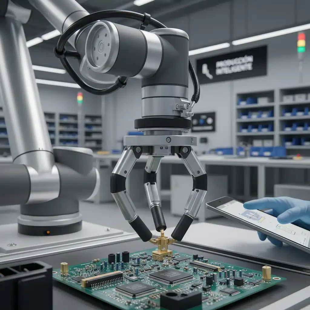 Cobot realizando montaje de precisión en una línea de producción de PYME.