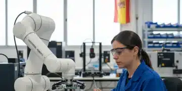 Robótica Colaborativa (Cobots): Aumentando la Productividad en Pequeñas y Medianas Empresas Españolas en 2026 Cobot trabajando junto a un operario en una fábrica española, mejorando la productividad.