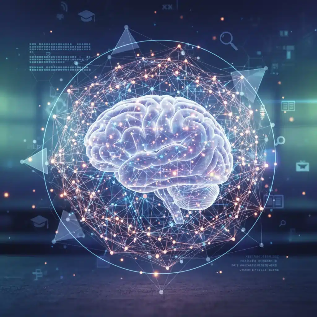 Representación visual de la función cognitiva y retención de memoria mejorada en el aprendizaje online.
