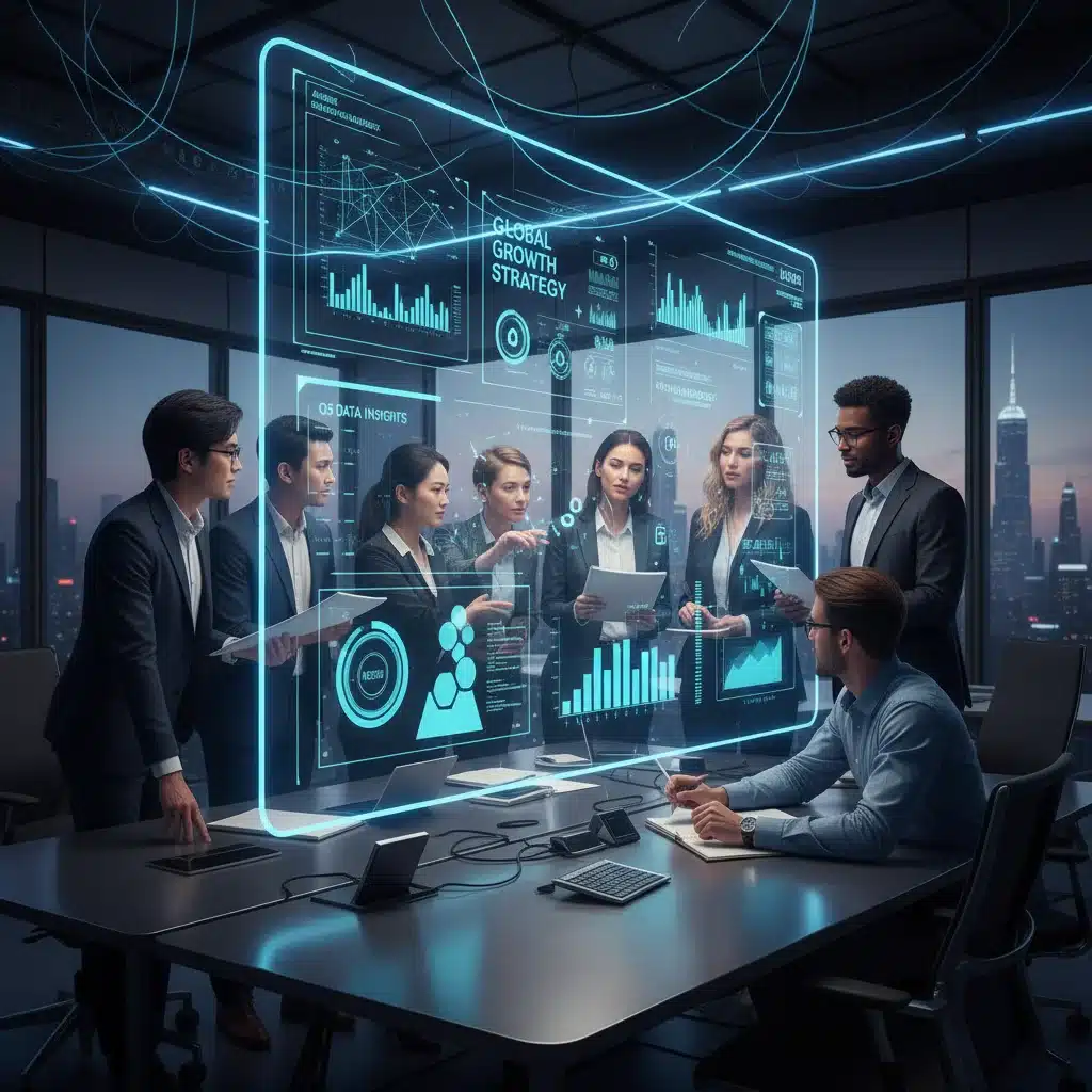 Equipo de profesionales colaborando en un proyecto de análisis de datos, con una pantalla interactiva mostrando gráficos.