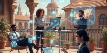 Profesionales colaborando digitalmente en remoto con herramientas tecnológicas avanzadas