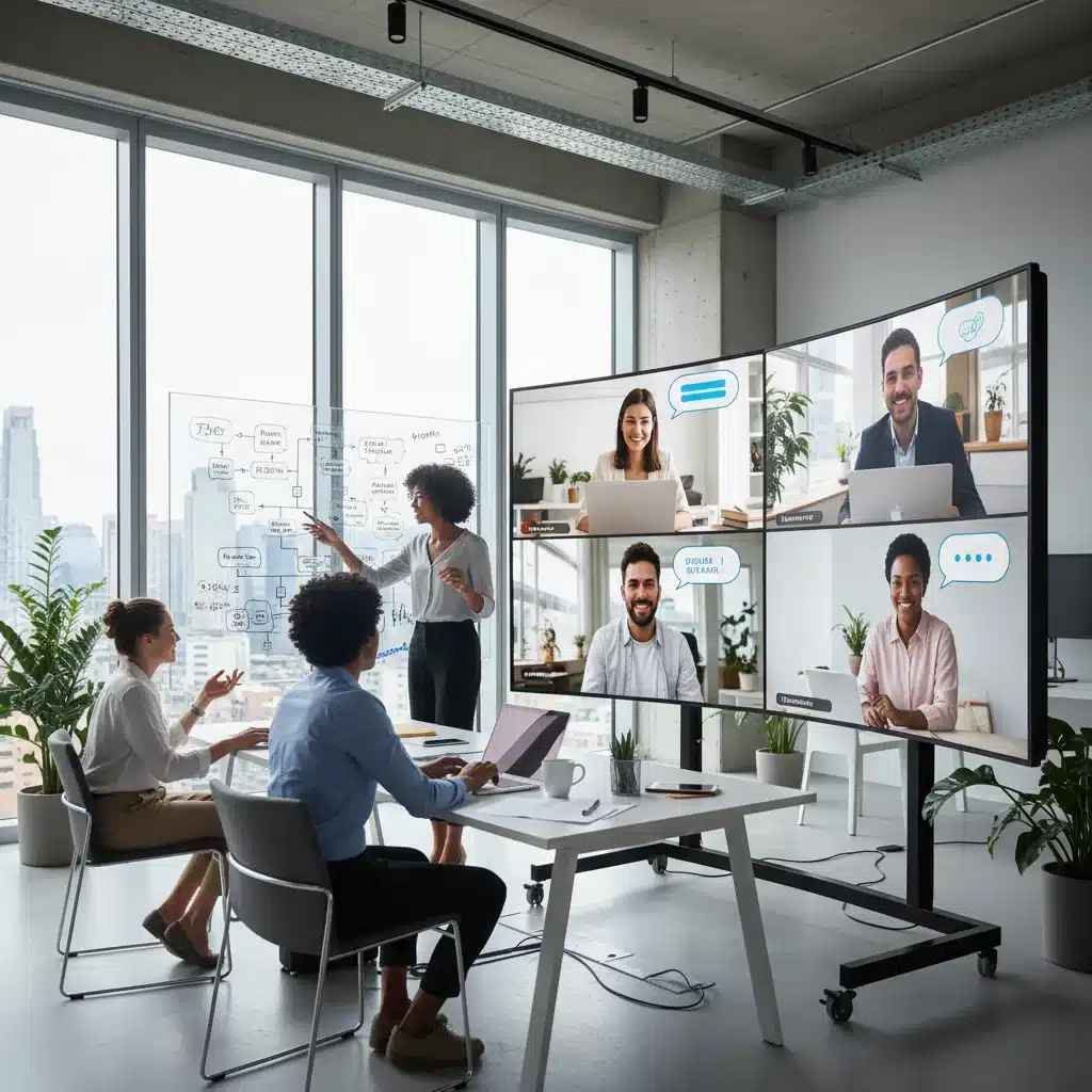 Equipo diverso colaborando en un entorno de trabajo híbrido y digital.