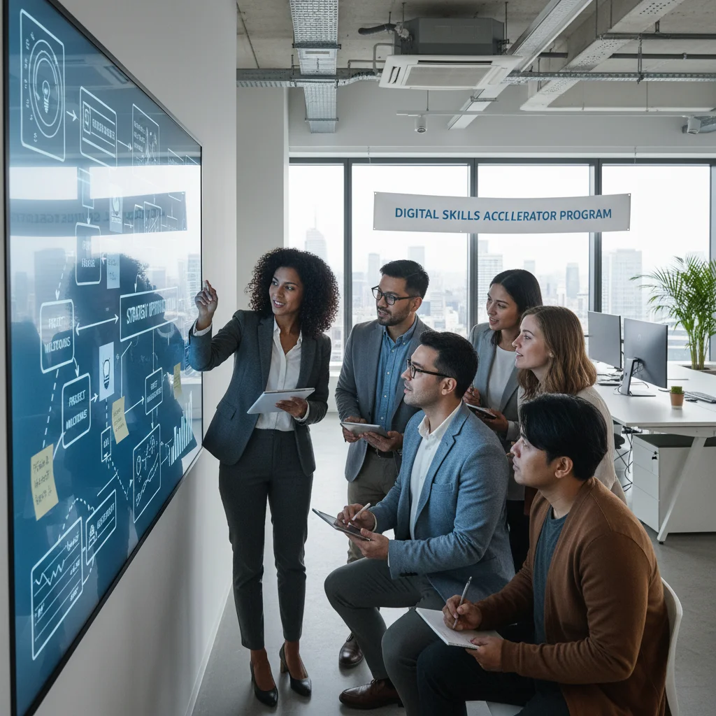 Equipo diverso de empleados colaborando y discutiendo ideas frente a una pizarra digital interactiva, aplicando habilidades adquiridas.