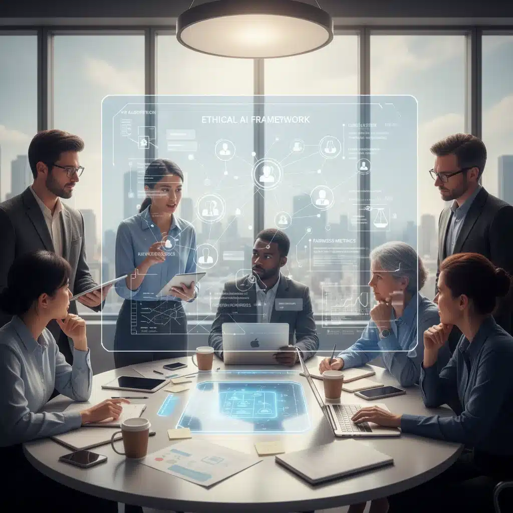 Profesionales diversos colaborando en el desarrollo ético de la inteligencia artificial.