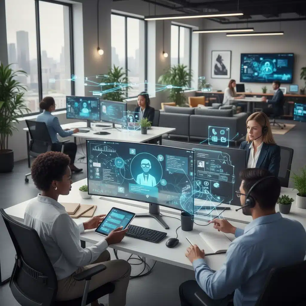 Equipo de agentes de atención al cliente colaborando con inteligencia artificial conversacional
