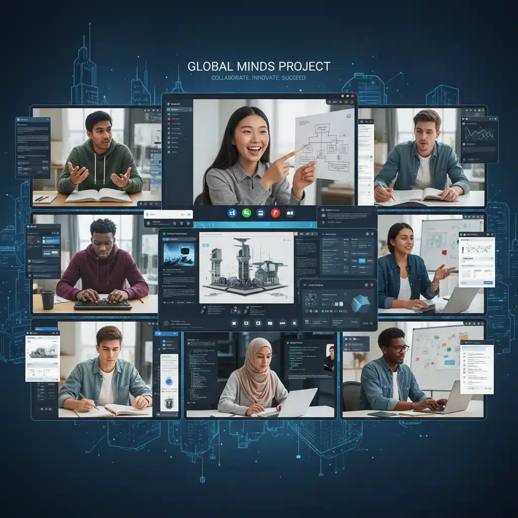 Grupo diverso de estudiantes colaborando virtualmente en un proyecto de aprendizaje online.