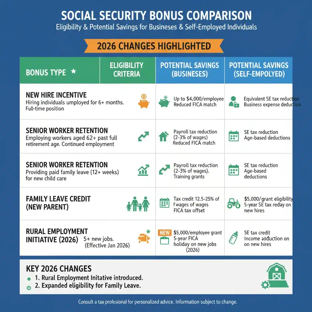 Infografía comparativa de bonificaciones en cotizaciones a la Seguridad Social, con criterios de elegibilidad y ahorros proyectados para 2026.