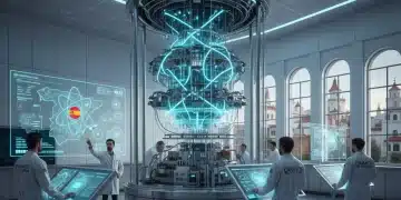 Computador cuántico futurista con circuitos brillantes, simbolizando la investigación tecnológica avanzada en España.