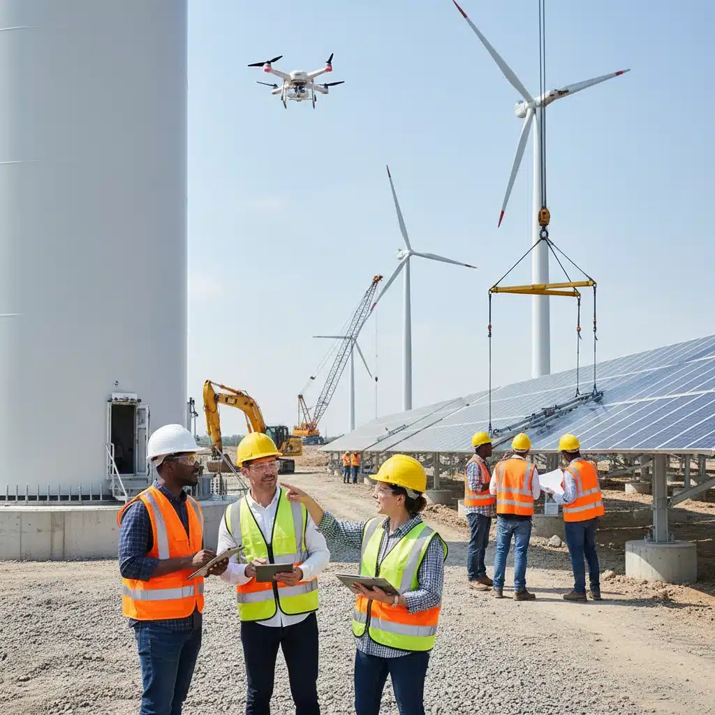 Ingenieros y trabajadores supervisando la construcción de un proyecto de energía renovable, destacando la sostenibilidad.