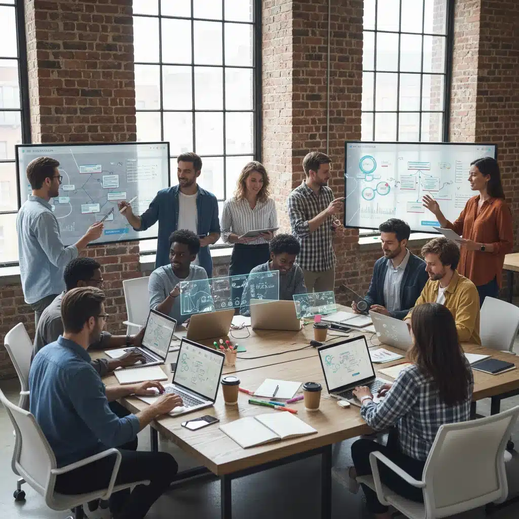 Equipo de trabajo multidisciplinar en una sesión de creatividad e innovación, utilizando herramientas colaborativas y de Inteligencia Artificial para generar nuevas ideas.