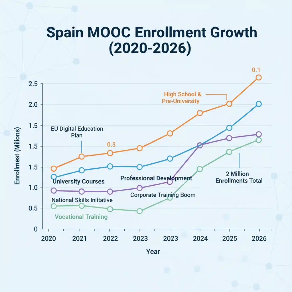 Gráfico de crecimiento de la matriculación en MOOCs en España, destacando la evolución hasta 2026.