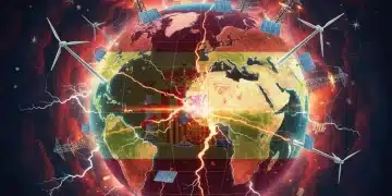 Mapa global con símbolos energéticos y la bandera española, representando la crisis energética mundial y su impacto en España.