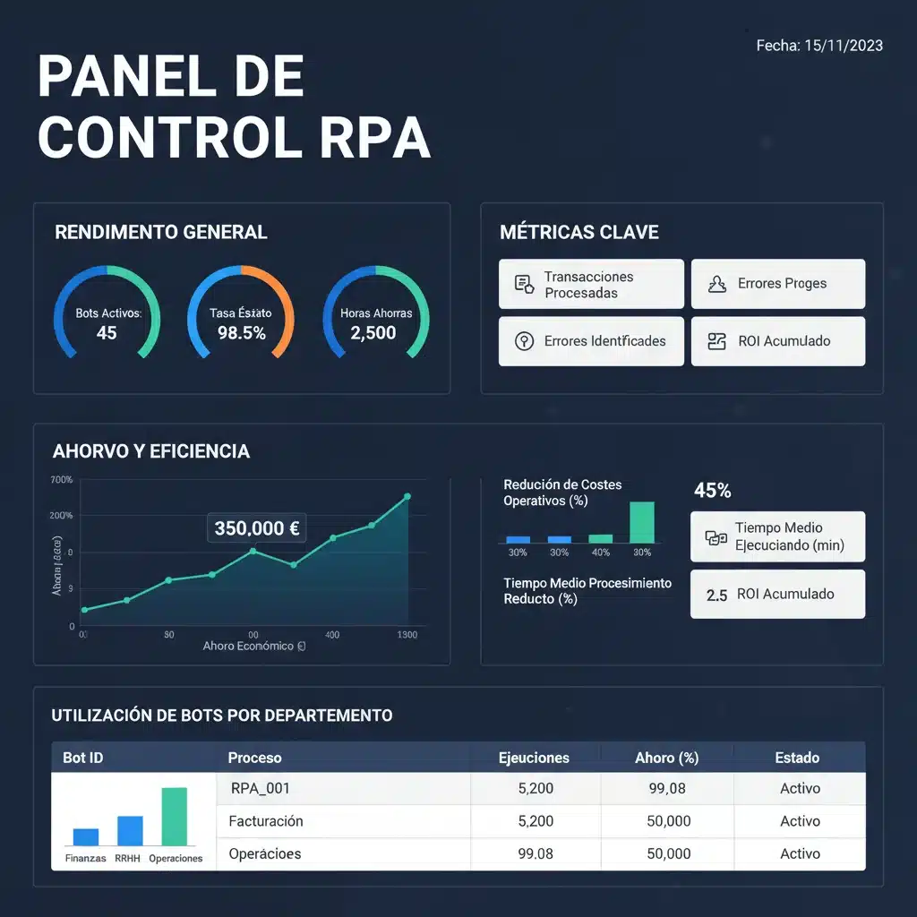 Panel de control con indicadores clave de rendimiento (KPIs) de bots RPA, mostrando ahorros y mejoras de eficiencia en una empresa española.