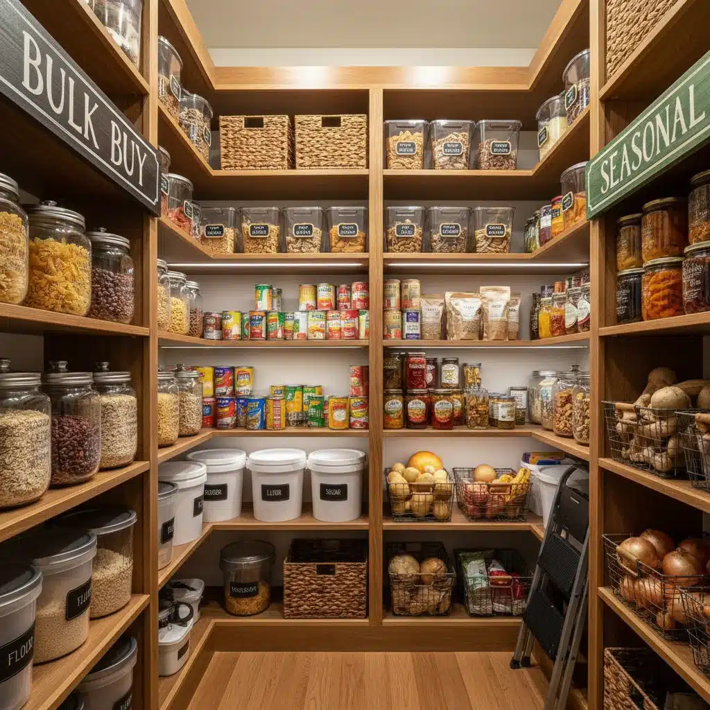 Despensa bien organizada con alimentos básicos y de temporada