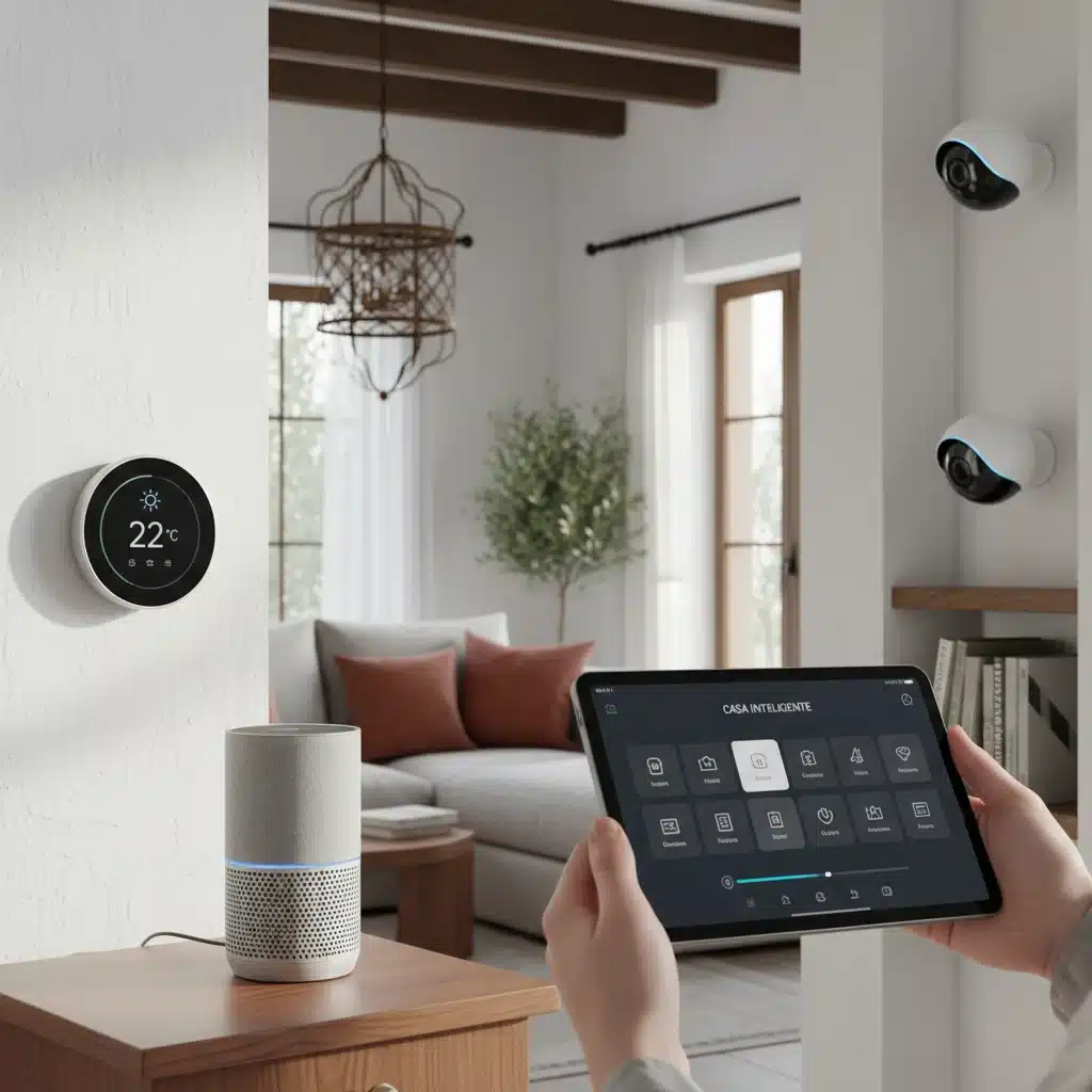 Dispositivos de hogar inteligente IoT integrados en un salón moderno español.