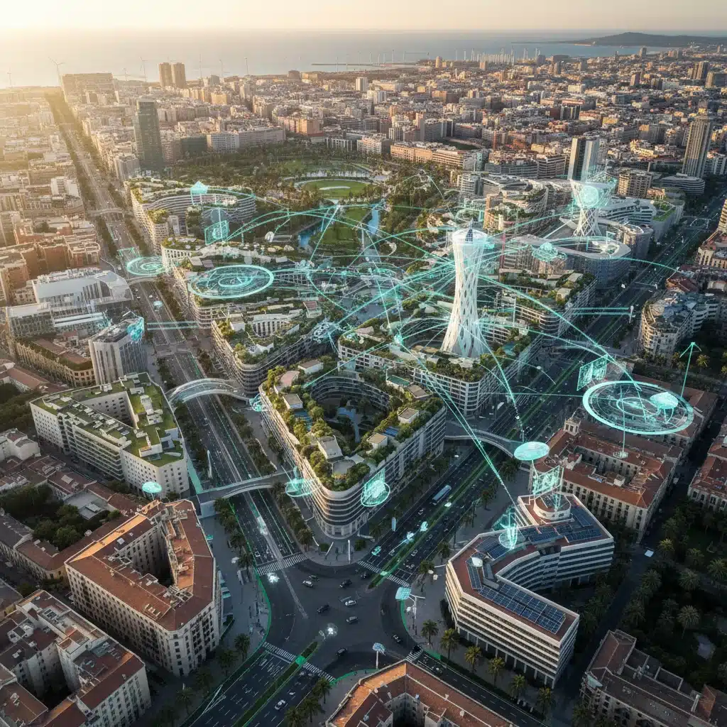 Vista aérea de un distrito de ciudad inteligente en España, con sensores IoT y flujos de datos visuales, destacando sostenibilidad.