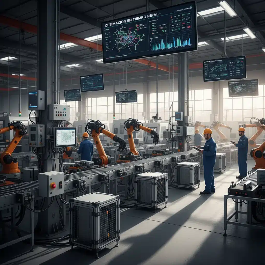 Operarios monitorizando datos en tiempo real en una fábrica española con Edge Computing.