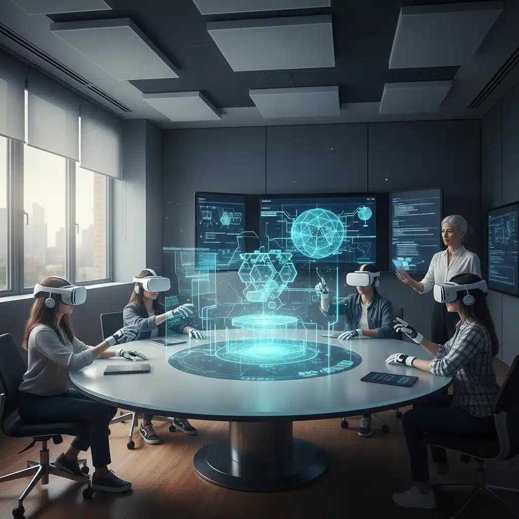 Estudiantes universitarios colaborando en un proyecto de realidad virtual en un aula moderna.
