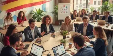 Jóvenes colaborando y aprendiendo en un espacio de coworking, simbolizando el empleo juvenil en España.